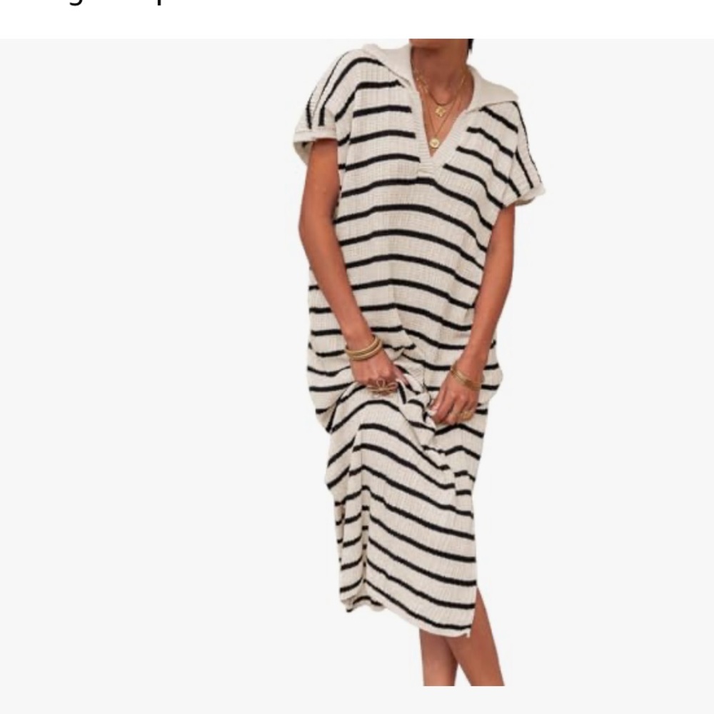 Striped Dresse Short Sleeve V Neck Knit Collared  Slit Loose Maxi XXL NW…